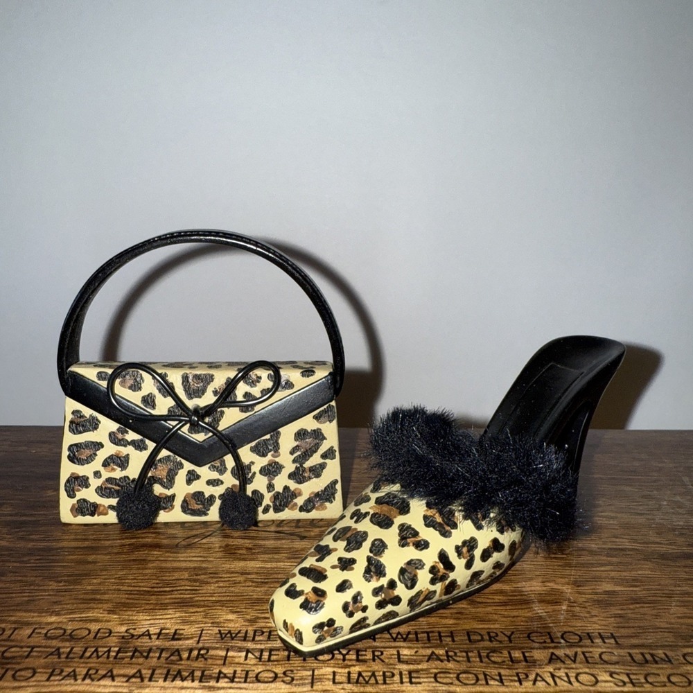 Mini Leopard Print High Heeled Shoe, & Purse, -Resin Figurines